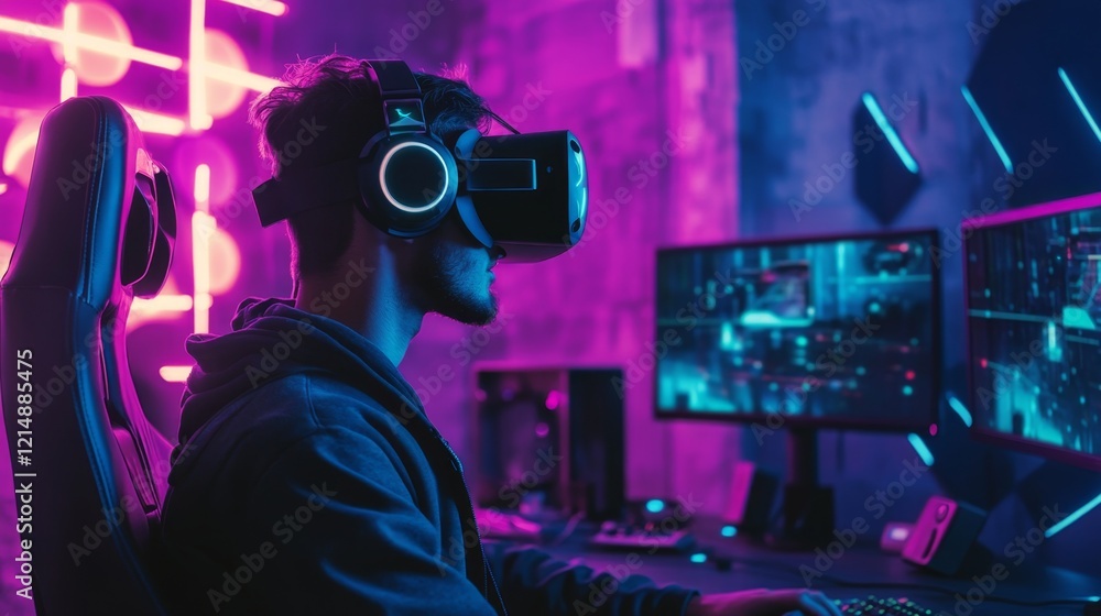 Immersive Virtual Reality Gaming Setup in Modern Room Environment Immersive Virtual Reality Gaming Setup in Modern Room Environment