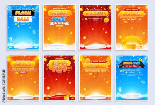 Collection of A4 vertical sale flyer and poster templates. Set of flash sale, big sale, super sale, and mega sale discount promos with podiums, spotlights, and an abstract realistic background