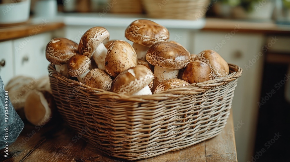 Wicker basket of mushrooms, kitchen counter, harvest Wicker basket of mushrooms, kitchen counter, harvest
