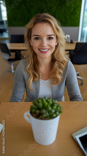 Smiling Woman Sits at Desk ...