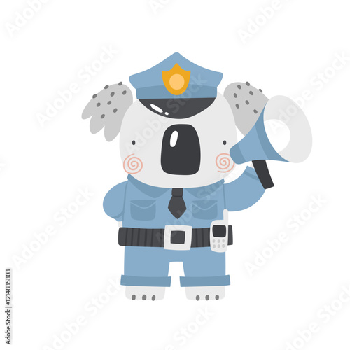 Vector illustration of cute koala policeman on white. Koala in a police uniform. Professions for children. Cute cartoon animals police character. Professions for children. Emergency. Boho.