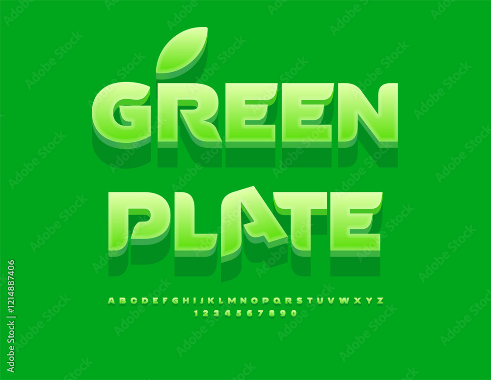 Vector Vegan banner Green Plate for Cafe. Stylish Green Font. Set of Fashion Alphabet Letters and Numbers. Vector Vegan banner Green Plate for Cafe. Stylish Green Font. Set of Fashion Alphabet Letters and Numbers.