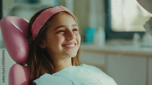 young girl is sitting in a dentist's chair. Children is smiling and enjoying her visit to the dentist.,dentistry, clinic, dental