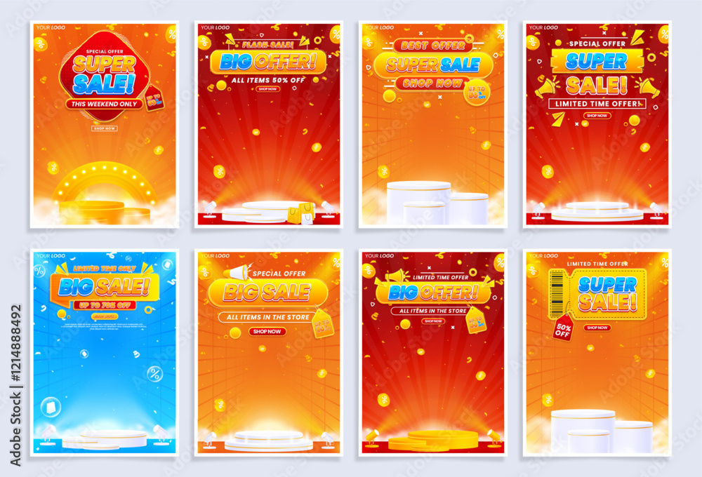 Naklejka premium Collection of A4 vertical sale flyer and poster templates. Set of flash sale, big sale, super sale, and mega sale discount promos with podiums, spotlights, and an abstract realistic background