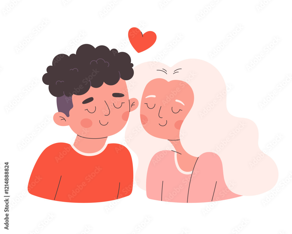 Cute happy love couple. Young woman and man falling in love. Love, romance, dating concept. Valentines Day greeting card. Vector illustration in flat style Cute happy love couple. Young woman and man falling in love. Love, romance, dating concept. Valentines Day greeting card. Vector illustration in flat style