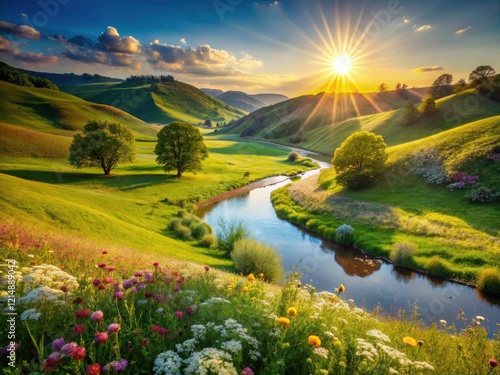 Wallpaper Mural Spring's vibrant hues explode: blooming flowers paint a sunny meadow, nestled in verdant hills. Torontodigital.ca