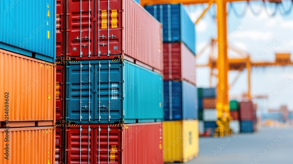 Fototapeta premium A close-up view of colorful shipping containers stacked at a port, showcasing industrial logistics and trade operations.