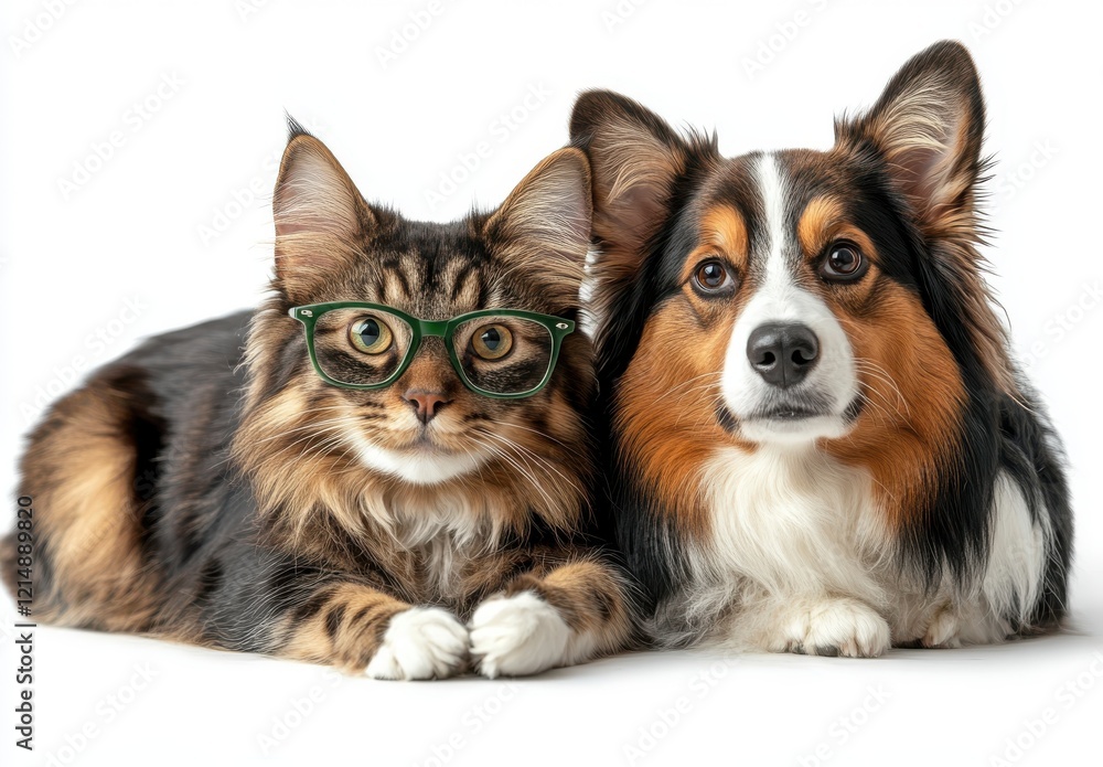 Obraz premium Adorable Cat and Dog Bonding Together with Stylish Glasses on Cat, Showcasing Friendship and Playfulness in a Cute Studio Setting