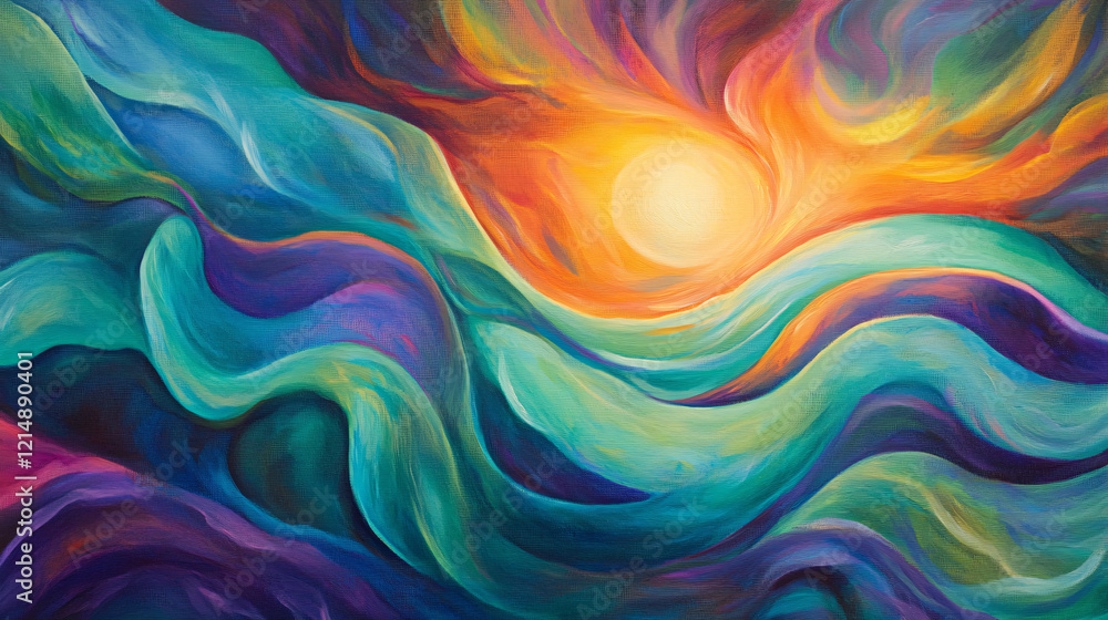 A vibrant watercolor composition featuring abstract waves of blue, green, and purple with soft, wind-like motion and a luminous sun in the background A vibrant watercolor composition featuring abstract waves of blue, green, and purple with soft, wind-like motion and a luminous sun in the background