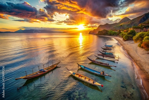 Early Morning Light on Canoes, Dili Coastline, Timor-Leste - Aerial Stock Photo photo