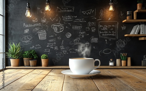 3D rendering of coffee cup on a white saucer placed on chalkboard with sketches of business ideas, brainstorming concepts, and workplace creativity, productivityfocused photo