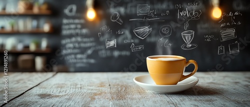 3D rendering of coffee cup on a white saucer placed on chalkboard with sketches of business ideas, brainstorming concepts, and workplace creativity, productivityfocused photo