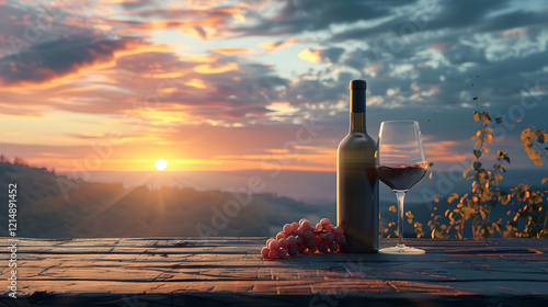 Wine bottle and glass sits ...