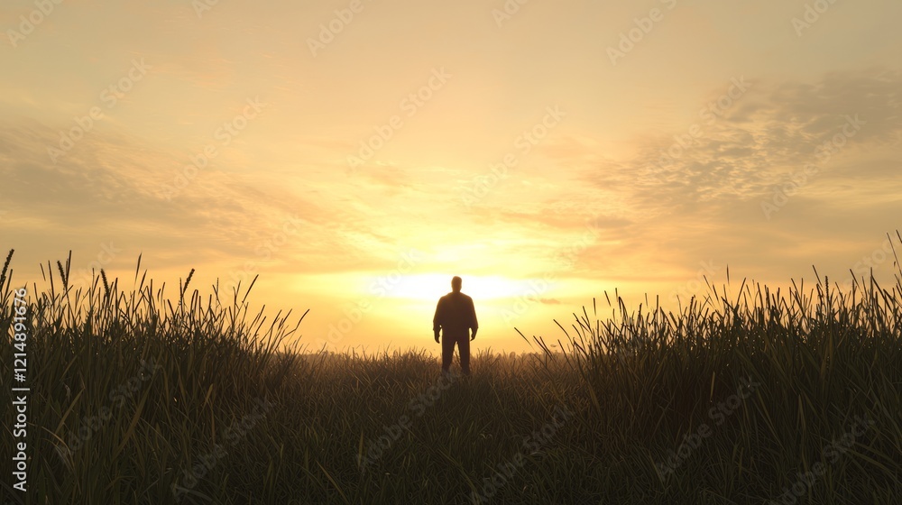 Serene Silhouette in Golden Hour Field: Cinematic Image of Half-Turn Glance Among Tall Grass at Sunset with Ultra-Detailed Quality Serene Silhouette in Golden Hour Field: Cinematic Image of Half-Turn Glance Among Tall Grass at Sunset with Ultra-Detailed Quality