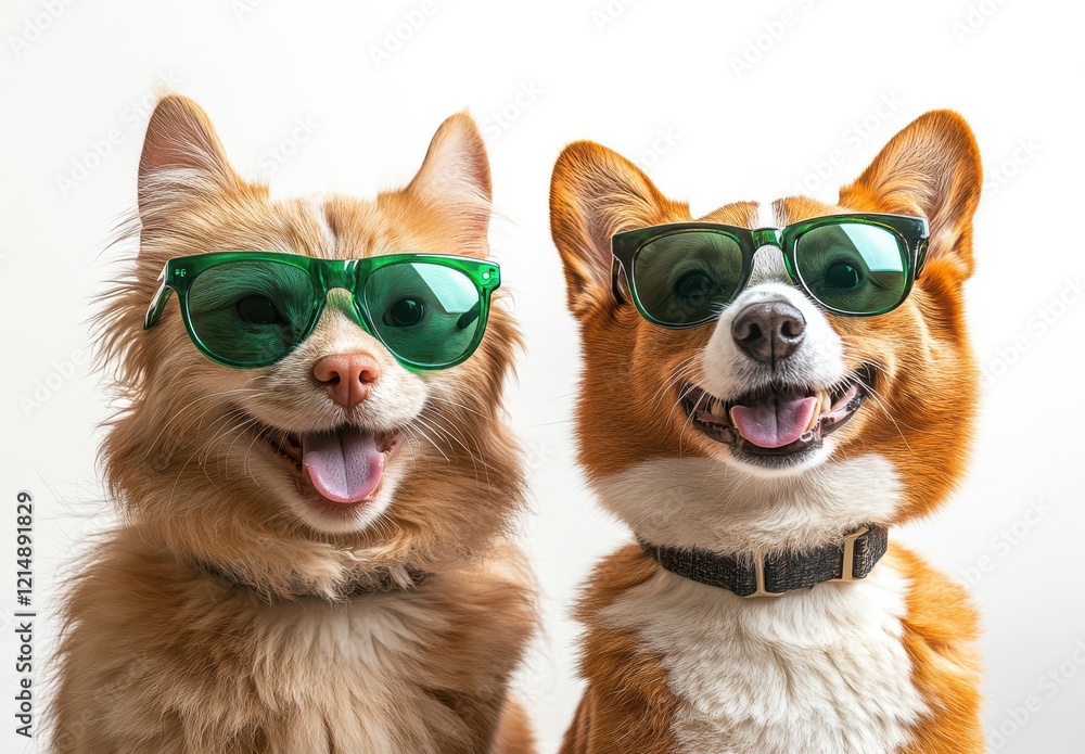 Adorable Cat and Dog Wearing Sunglasses Smiling Joyfully Against a Bright Background, Perfect for Pet Lovers and Fun-Themed Content Adorable Cat and Dog Wearing Sunglasses Smiling Joyfully Against a Bright Background, Perfect for Pet Lovers and Fun-Themed Content