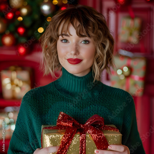 Woman Holds a Glittery Gold...