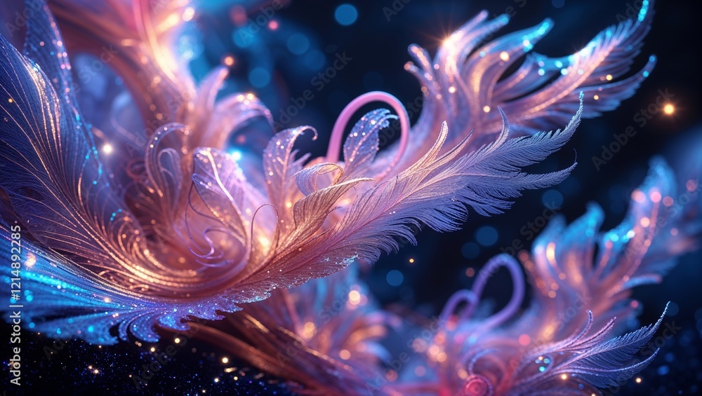 Fototapeta premium Abstract Feathers in Pink and Blue with Glittering Details on Dark Background