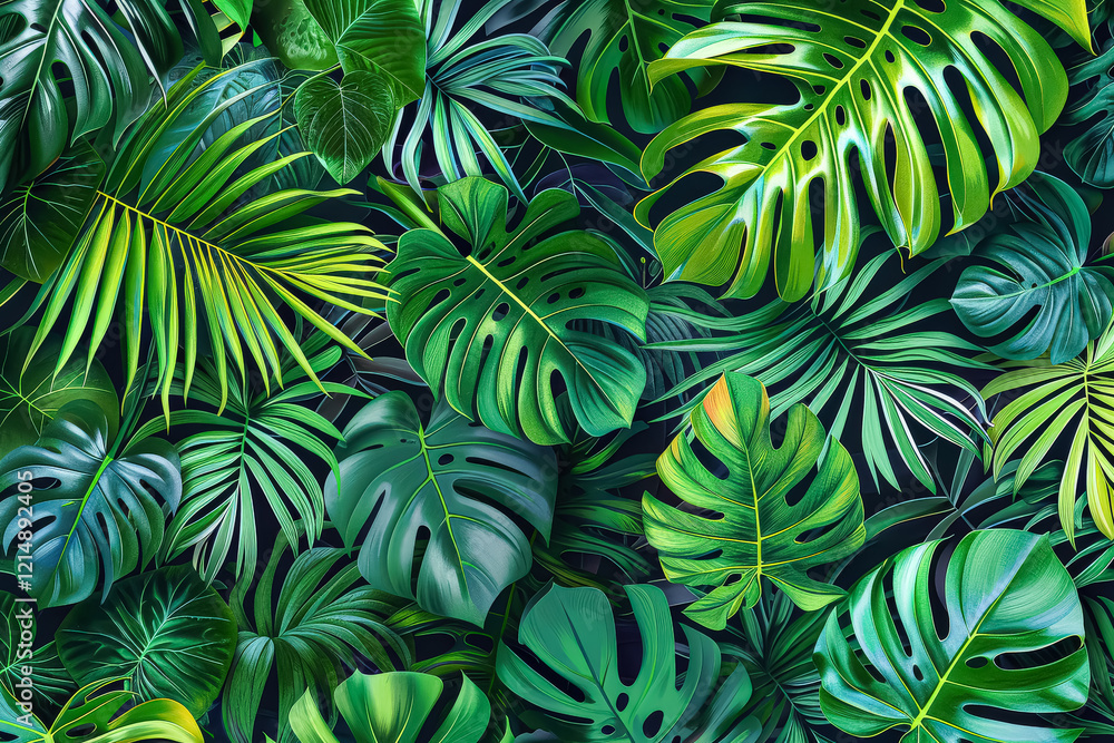 Lush green jungle with many leaves and vines. Lush green jungle with many leaves and vines.