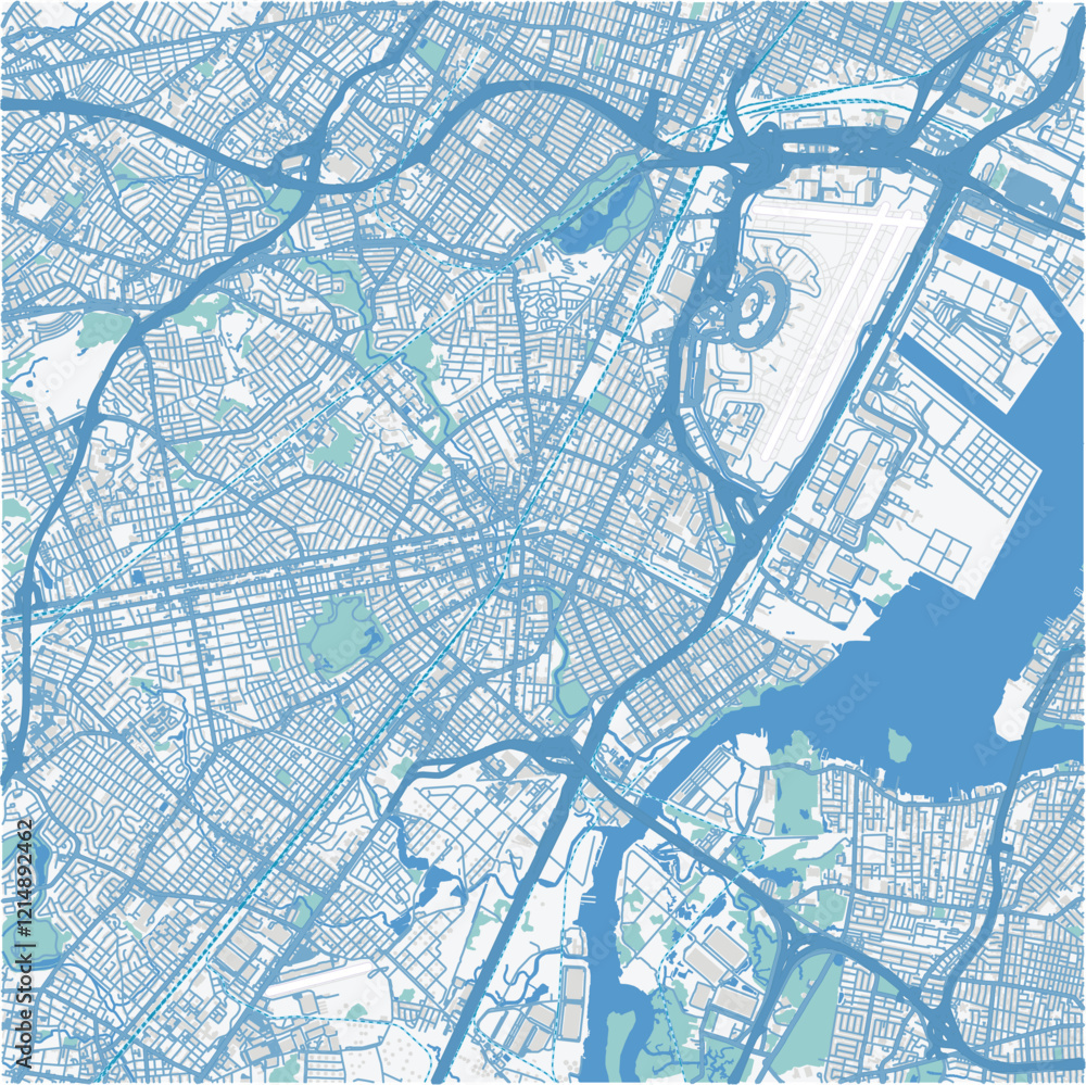 Fototapeta premium Map of Elizabeth in New Jersey in a professional blue style. Contains layered vector with roads water, parks, etc.