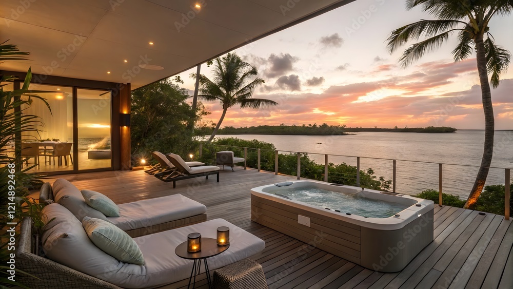 Fototapeta premium Luxury Sunset Hot Tub Deck Tropical Getaway Relaxation