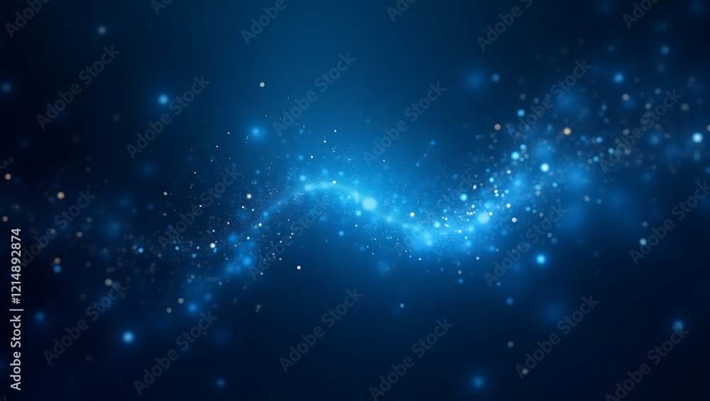 Fototapeta premium Abstract cosmic background with glowing particles and a bright stream of light in dark blue