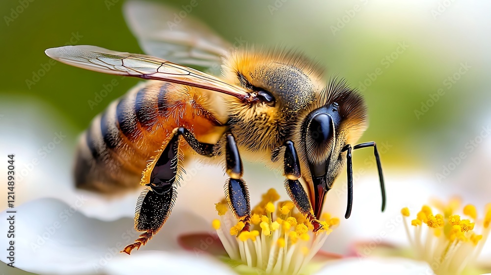 Bee on the flower collects nectar and pollen. Closeup Bee on the flower collects nectar and pollen. Closeup