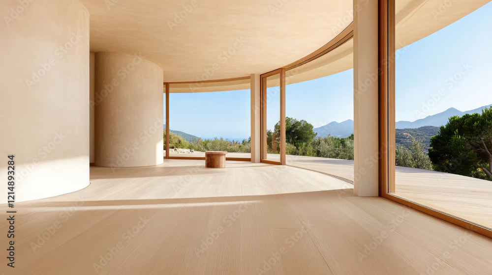 Fototapeta premium spacious interior of contemporary home featuring large windows that offer stunning views of nature. minimalist design emphasizes natural light and serene atmosphere