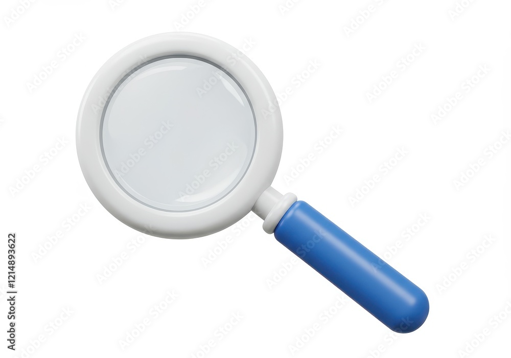 A 3D-rendered magnifying glass with a white circular frame, a clear glass lens, and a glossy blue handle isolated on white background A 3D-rendered magnifying glass with a white circular frame, a clear glass lens, and a glossy blue handle isolated on white background