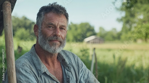 Tranquil Moment in the Fields - Farmer Resting on Shovel in Fenced Farmland, Cinematic View with Gentle Sweat and Smile, Ultra-Detailed Image