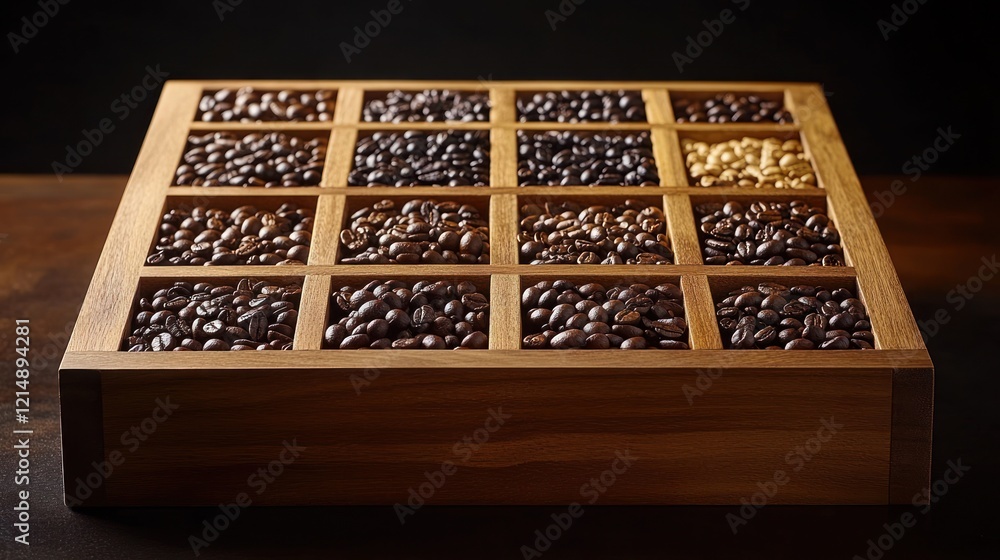 Wooden box of assorted coffee beans on dark background Wooden box of assorted coffee beans on dark background