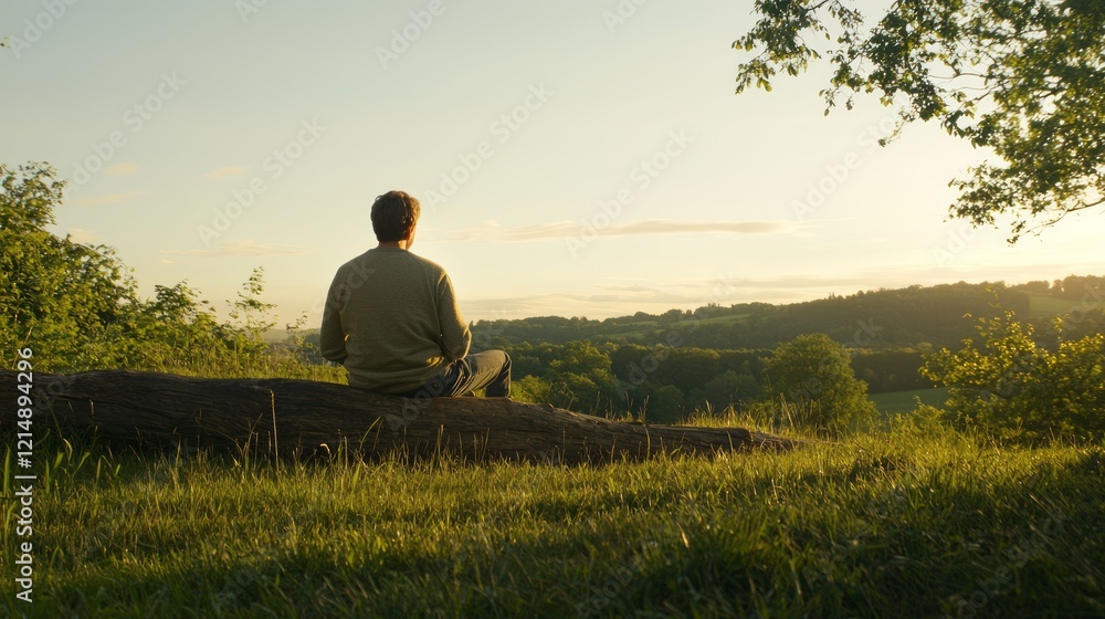 Tranquil Orchard Vista: Serene Man in Sweater Contemplating Horizon on Rustic Log - Cinematic Ultra-Detailed Image Tranquil Orchard Vista: Serene Man in Sweater Contemplating Horizon on Rustic Log - Cinematic Ultra-Detailed Image
