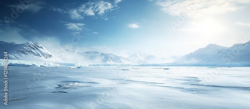 Dramatic depiction of blizzards sweeping across an icy terrain in the Arctic. 