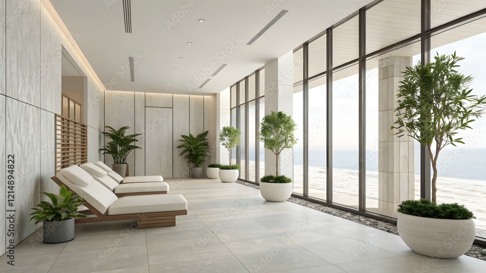 Fototapeta premium Luxury Spa Lounge Ocean View Tranquil Resort Interior Design