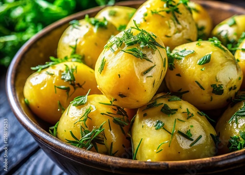 Delicious Boiled Potatoes with Fresh Dill and Olive Oil - Stock Photo photo