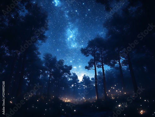 Fototapeta Naklejka Na Ścianę i Meble -  Starry night sky over a dark forest with fireflies.
