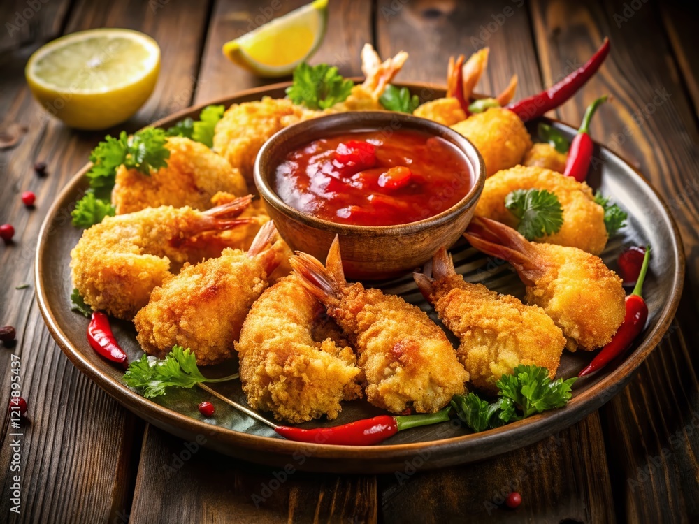 Delicious Breaded Butterfly Prawns with Chili Sauce and Lemon Delicious Breaded Butterfly Prawns with Chili Sauce and Lemon