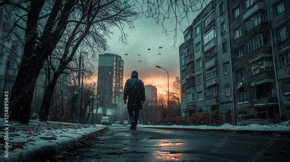Lone person walking through a snowy urban street at sunset, surrounded by high-rise buildings and bare trees Lone person walking through a snowy urban street at sunset, surrounded by high-rise buildings and bare trees