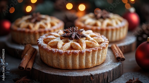 Festive mini pies, Christmas lights, wooden board photo