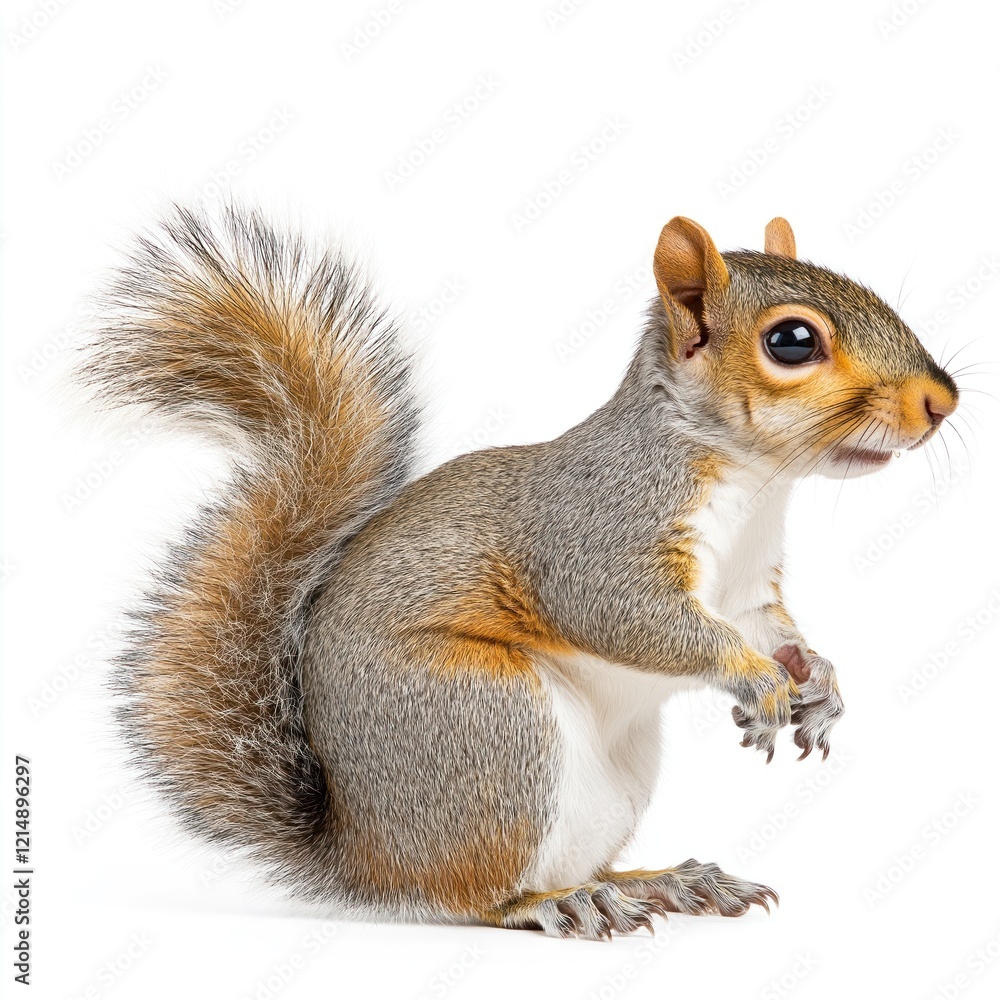 Cute squirrel sits on white background. Adorable bushy tail. Grey, brown fur. Small creature. Wildlife photo. Animal portrait. Studio shot. Nature image. Squirrel looks playful. Squirrel eating nut. Cute squirrel sits on white background. Adorable bushy tail. Grey, brown fur. Small creature. Wildlife photo. Animal portrait. Studio shot. Nature image. Squirrel looks playful. Squirrel eating nut.