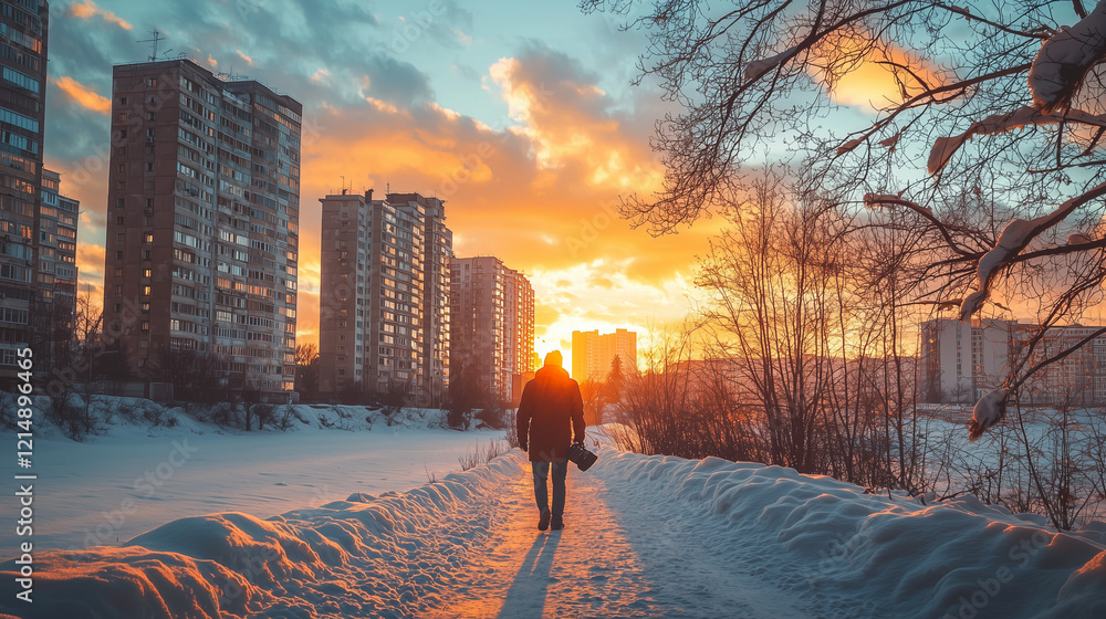 Fototapeta premium Silhouetted person walking on a snow-covered path, framed by buildings and trees at a vibrant winter sunset