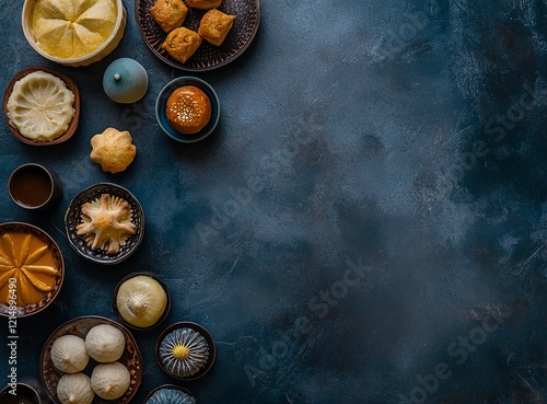 Arabic food collection, top view with copy space on a dark blue background. Ramadan and iftar concept, 