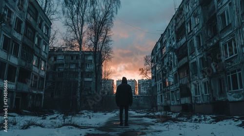 Lonely figure in winter standing between decaying buildings with dramatic sunset sky in urban ruins photo