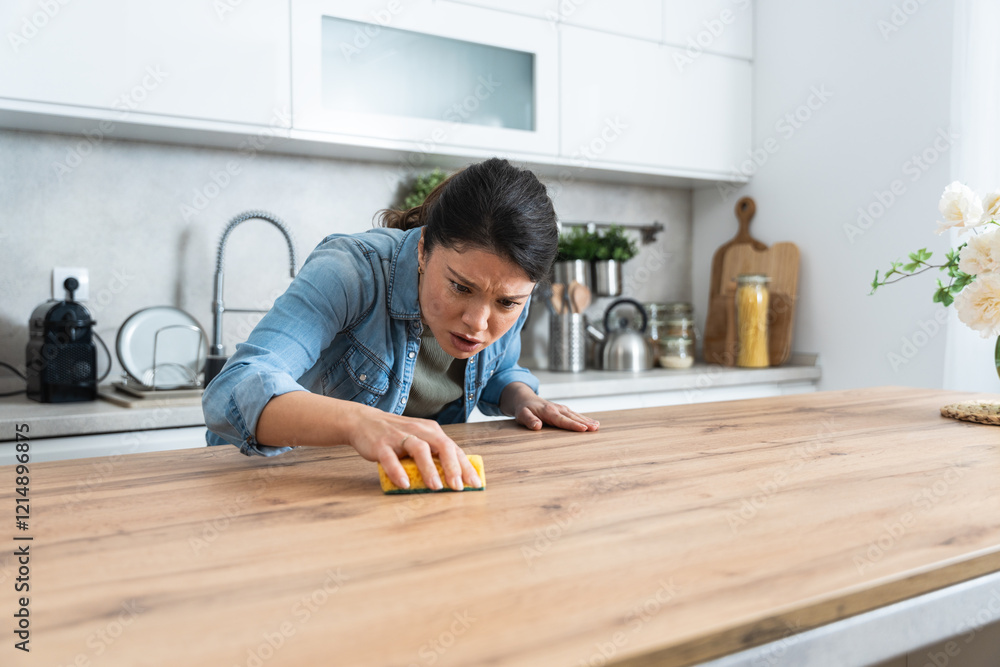 Young woman suffers from depression after a breakup or divorce and from obsessive compulsive disorder OCD cleans kitchen cook top to calm her nerves. Serious stressed female rubbing the home Young woman suffers from depression after a breakup or divorce and from obsessive compulsive disorder OCD cleans kitchen cook top to calm her nerves. Serious stressed female rubbing the home
