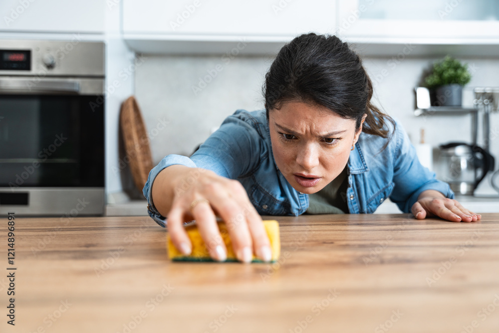 Young woman suffers from depression after a breakup or divorce and from obsessive compulsive disorder OCD cleans kitchen cook top to calm her nerves. Serious stressed female rubbing the home Young woman suffers from depression after a breakup or divorce and from obsessive compulsive disorder OCD cleans kitchen cook top to calm her nerves. Serious stressed female rubbing the home