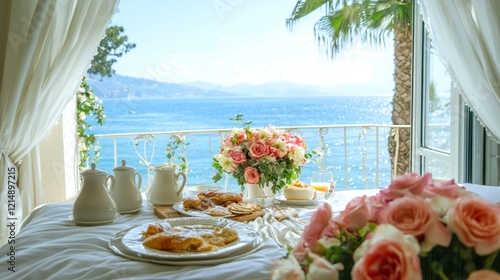 A honeymooner couple enjoying breakfast in bed in a luxurious hotel suite, surrounded by flowers and a view of the sea photo