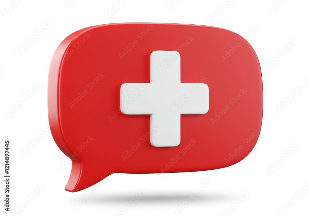 Fototapeta premium A 3D rendered red speech bubble with a raised white medical cross in the center isolated on white background