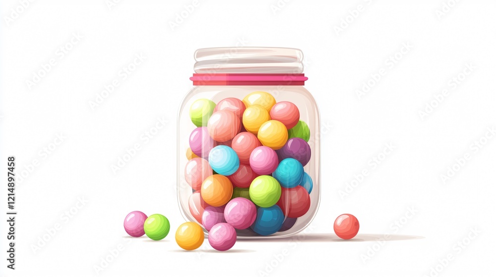 Colorful Sweet Confectionery in Glass Jar with Candies and Balls Isolated on White Background Colorful Sweet Confectionery in Glass Jar with Candies and Balls Isolated on White Background
