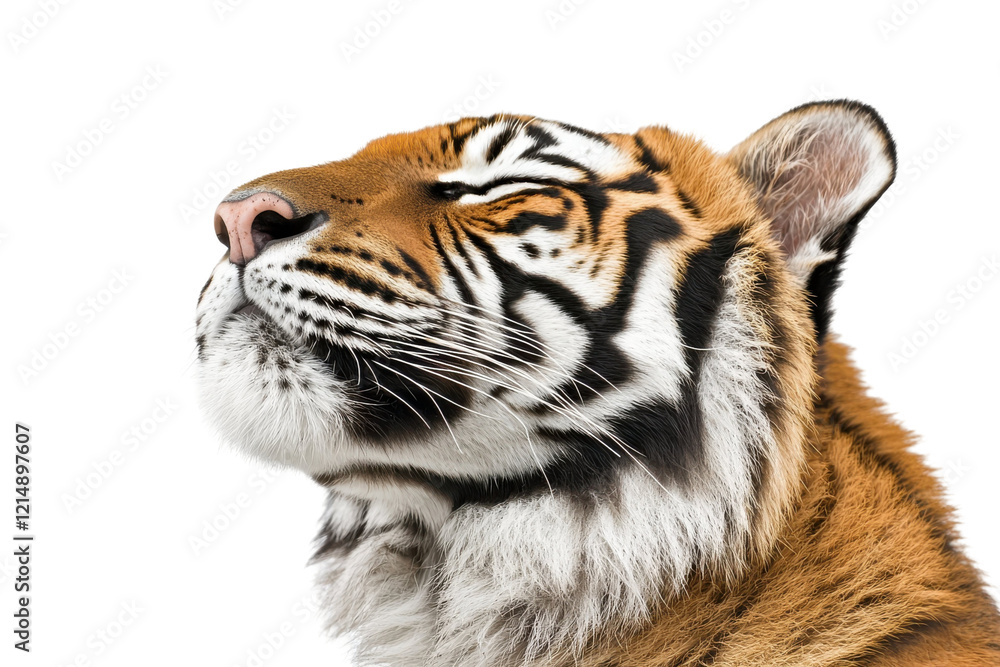 Fototapeta premium Tiger's Gaze: A captivating close-up of a majestic tiger's head, showcasing its striking orange and black stripes, piercing eyes, and powerful presence. The tiger's gaze is intense.