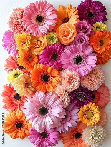 Vibrant Blossoms: An arrangement of bright, sharp-edged flowers like geraniums, marigolds, and roses, set against a crisp white background photo