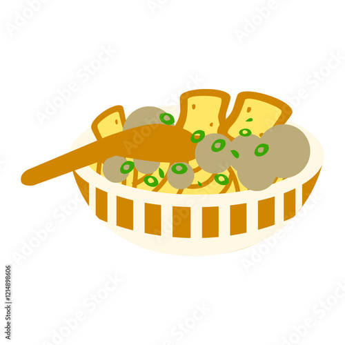 A bowl of creamy mushroom soup with croutons and a wooden spoon.